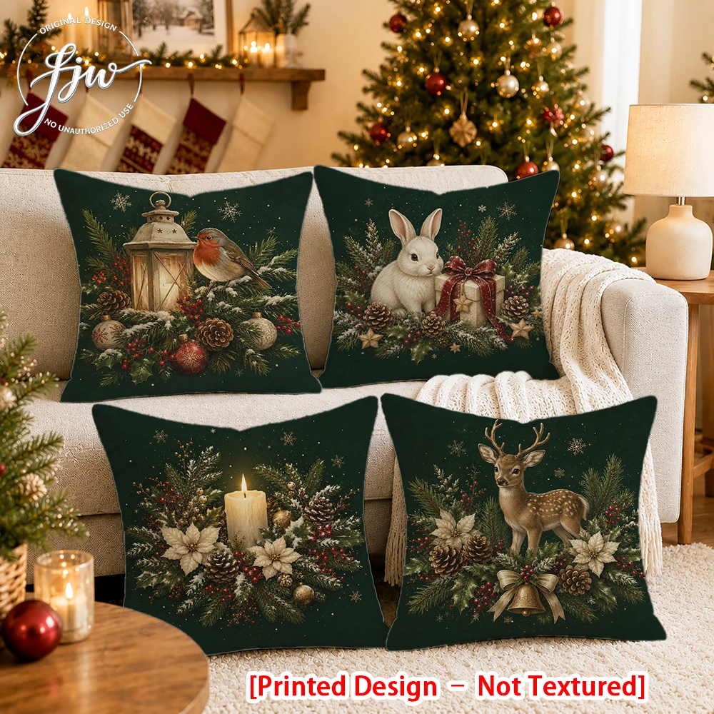 [Printed Design – Not Textured]-4pcs Vintage Christmas Farmhouse Throw Pillow Covers New Year party decoration cushion Cover