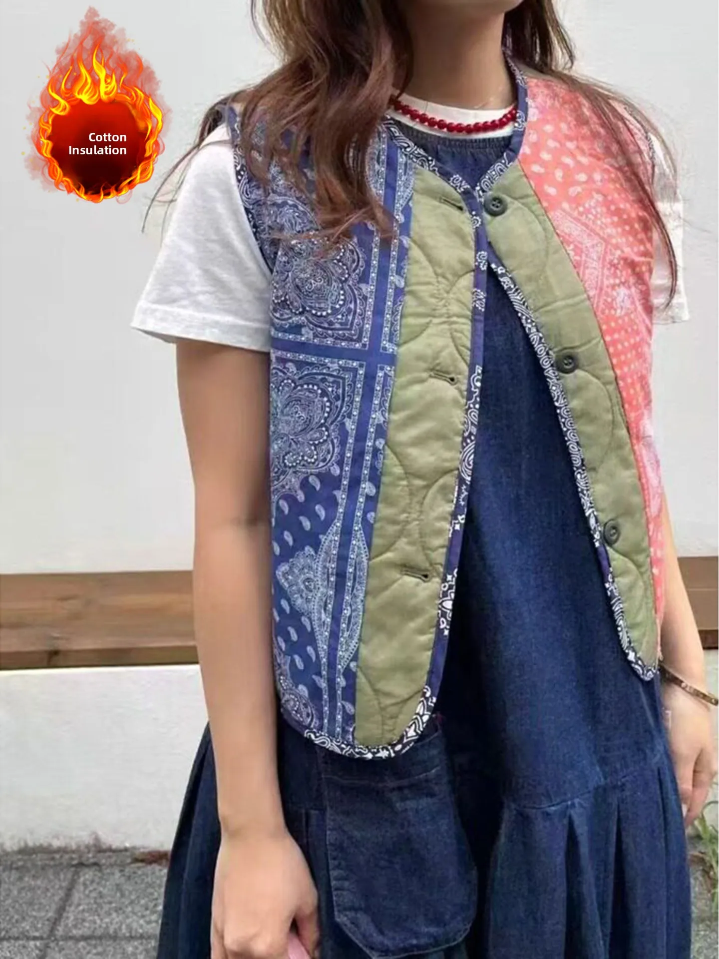 Autumn Winter Floral Print Contrast Color Cotton Vest Large Size Women's Retro round Neck Single Button Jacket Top
