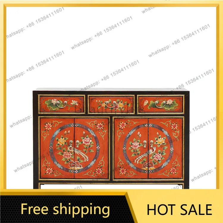 XX. New Chinese solid wood retro painted living room entrance cabinet creative decorative cabinet