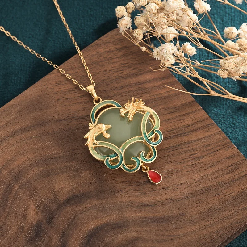 Palace Vintage Necklace Inlaid Green Jade Enamel Dragon and Phoenix Chengxiang Pendant Necklaces for Women China style Jewelry