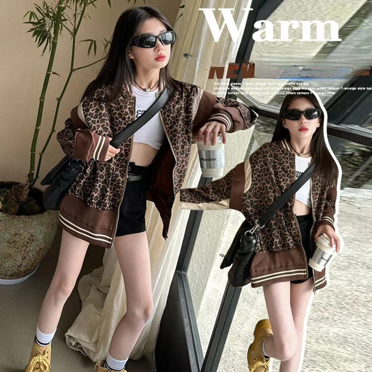 

Girls' Coat Spring and Autumn 2024 New Big Boy Fashionable Korean Edition Fashionable Leopard Print jacket Baseball jacket