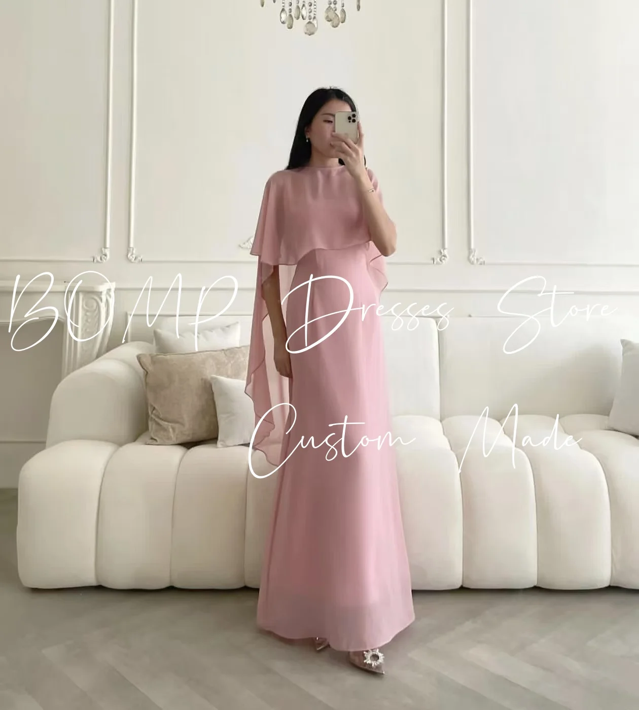BOMP – robe de soirée de mariage rose élégante, avec veste, col rond, ligne a, longueur au sol, en mousseline de soie, robes de soirée formelles personnalisées