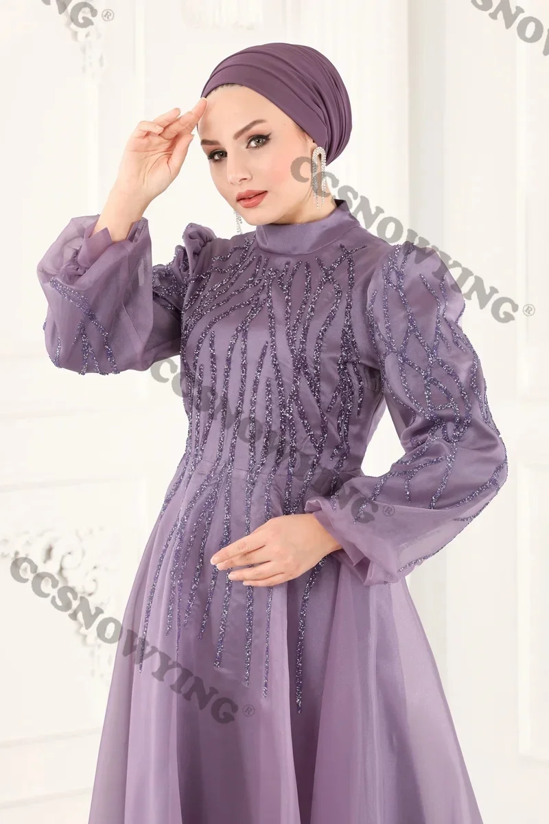 Robes de soirée musulmanes pour femmes, appliques perlées, hijab, organza, manches longues, robe de soirée formelle islamique, arabe, dubaï