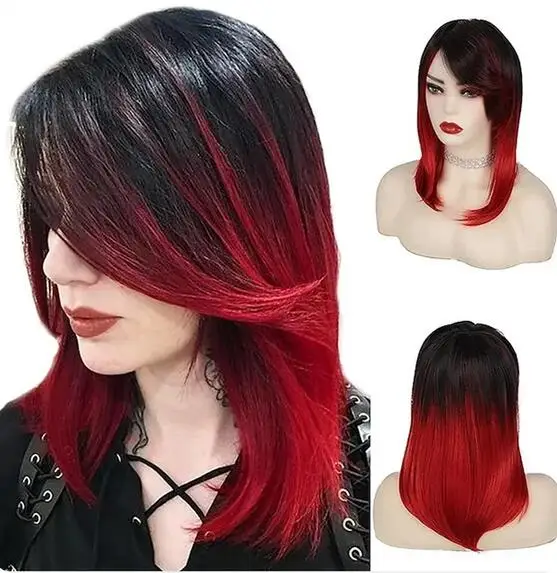 Peluca de cabello sintético para mujer, pelo negro y rojo degradado, medio largo, recto, parte lateral