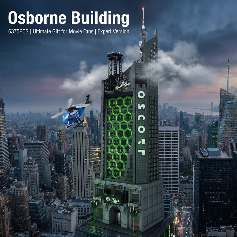 6375PCS Oscorps Haus Bausteine Film Spider Hero Black Tower Modulare Modell mit Licht Sammeln Montage Spielzeug Erwachsene Geschenk
