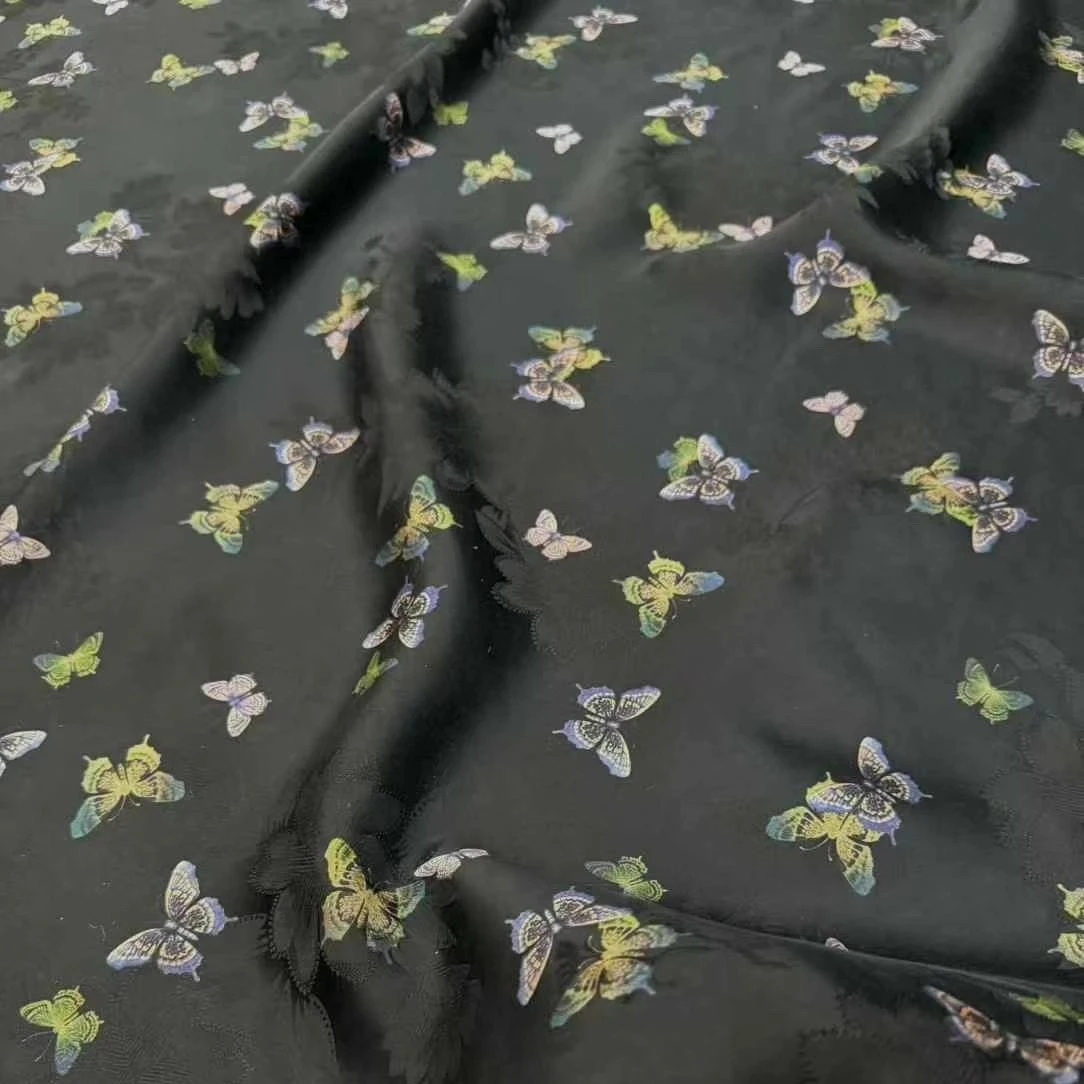 Buterfly Pattern Black Heavy Silk Fabric for DIY Sewing Summer Spring Dress Pants Pajamas Vest Comfortable Fabric Material R2463