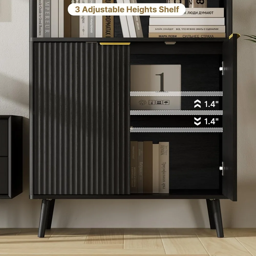 Bibliothèque haute à 5 niveaux avec portes cannelées, étagères réglables, armoire de rangement en bois pour le bureau et la maison