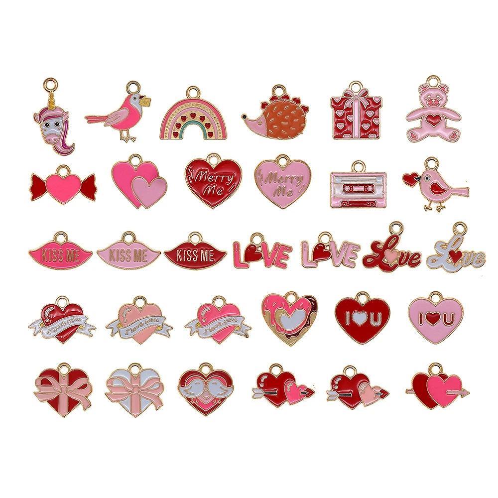 10pcs Pink Red Series Charms Sweet Girl Heart Cartoon Animal Cat Hedgehog Little Bird Enamel For DIY Jewelry Accessories XL1746