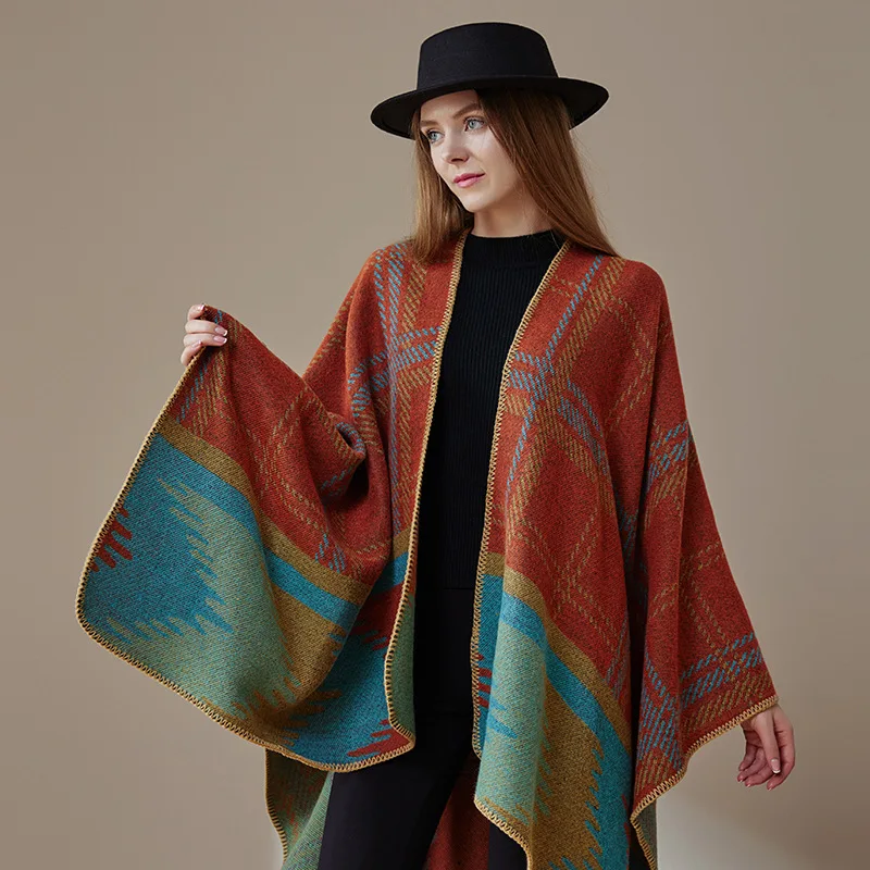 Nordic Retro White Print Poncho Cardigan Faux Cashmere Women Shawl Scarf Jackets Tie-dye Black Blanket Cape Pashmina Claok Coats