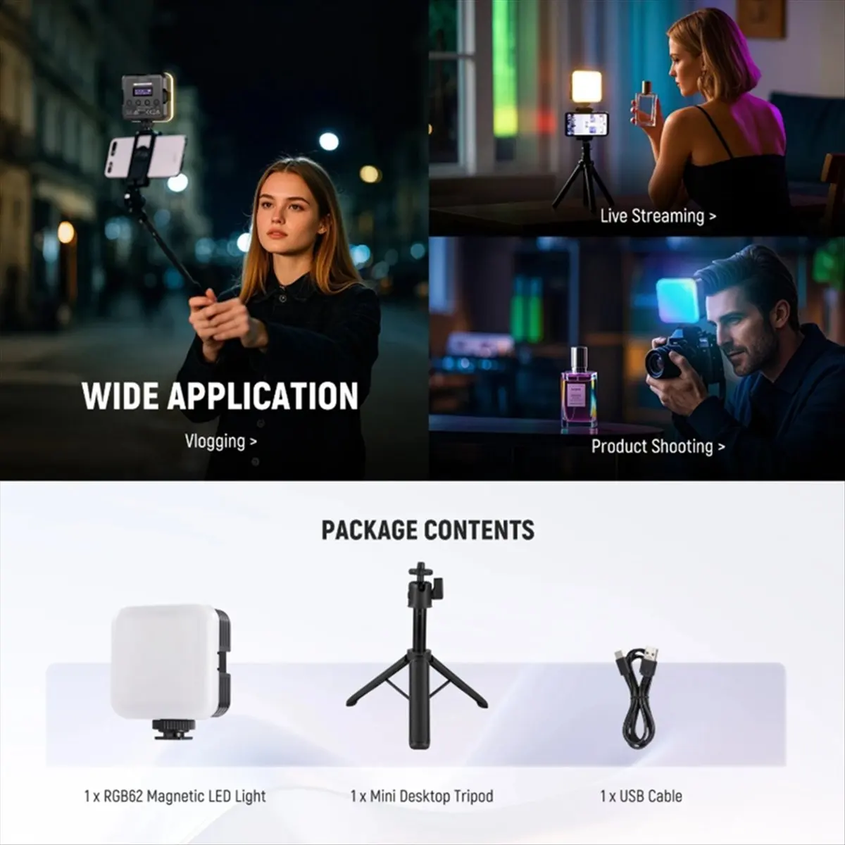 Magnetic RGB Video Light with Desk Tripod Stand APP Controlled Rechargeable Battery Enhanced Photography Lighting