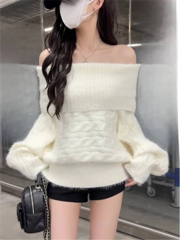 

Ladies Loose Knitted Shoulder Bared Sweater Soft And Comfortable Twist Design Spring New Style White Color Commute Style Fashion