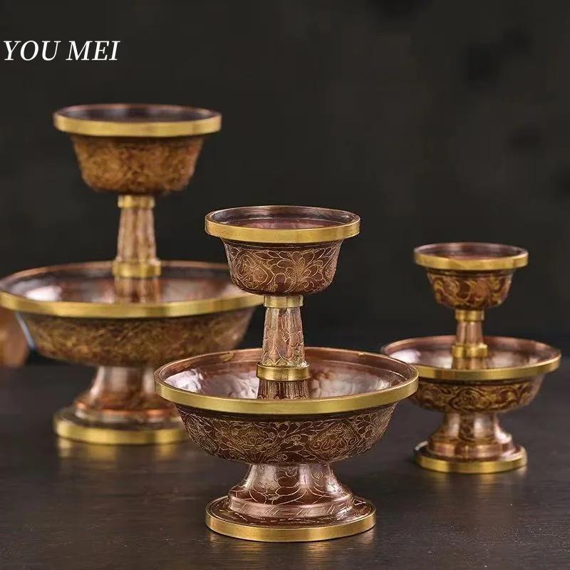 

Nepal Guardian Manza Engraving Gosang Flower Tibetan Bronze Plate,2 Layer Buddhism Altars Holy Water Cup,Buddhist Item Religious