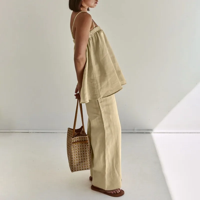 2026 Summer New Fashion Women’s Two Piece Set Stylish Fluffy Suspender Top Chic Wide Leg Pants European American Trends L Size