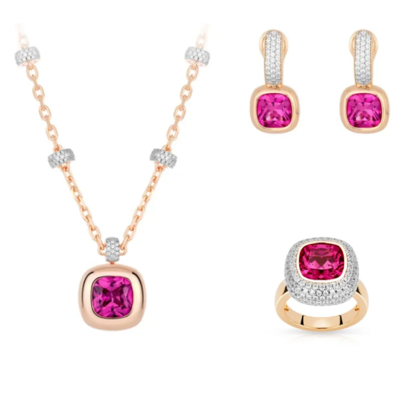 Bellux 925 Silver Gold Plated Cushion Cut Rose Pink Square Synthetic Zirconia Necklace Earrings Ring Fashion Jewelry Set