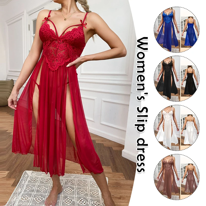 

Lace Sheer Long Lingerie Robe Sexy Women Deep V-neck Backless Nightgown Plus Size Bridal See-through Underwear Pajamas G-string