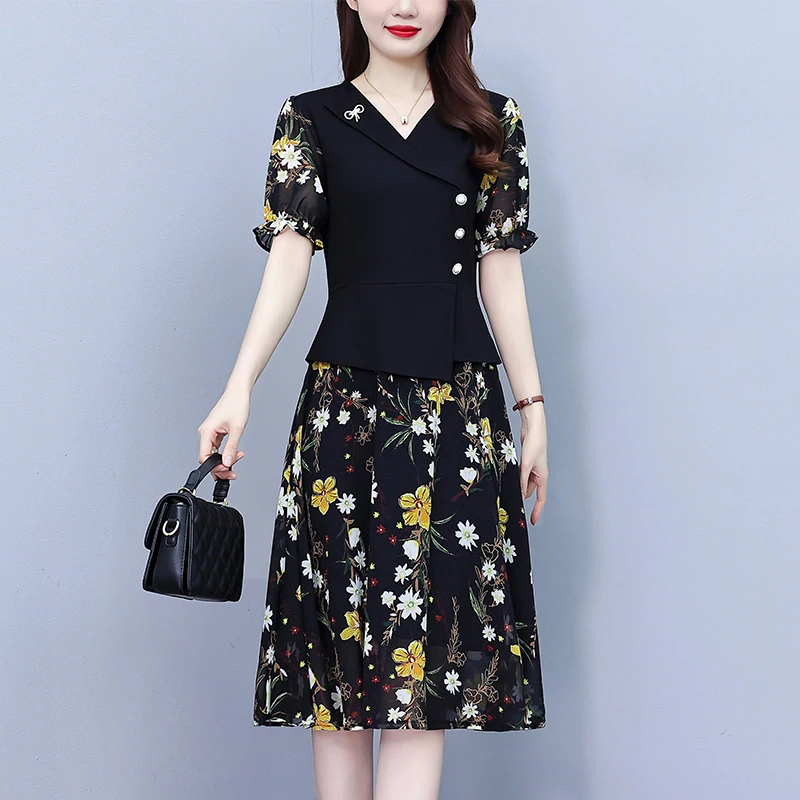 

Summer Black Print Office Lady Casual Suit Dress Women Korean Vintage Hepburn Dress 2026 New Elegant Loose Midi Dress