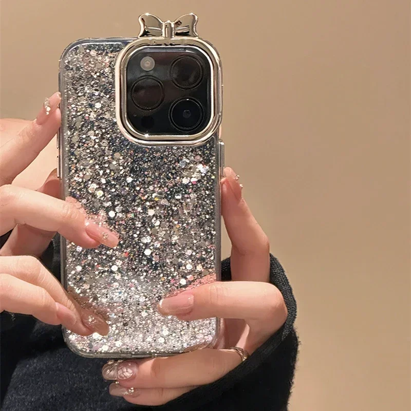 

Cartoon Bow Lens Frame Glitter Silver Phone Case For iPhone 15 14 13 12 Pro Max 11 Sequins Epoxy Cover Girl Electroplated Shell