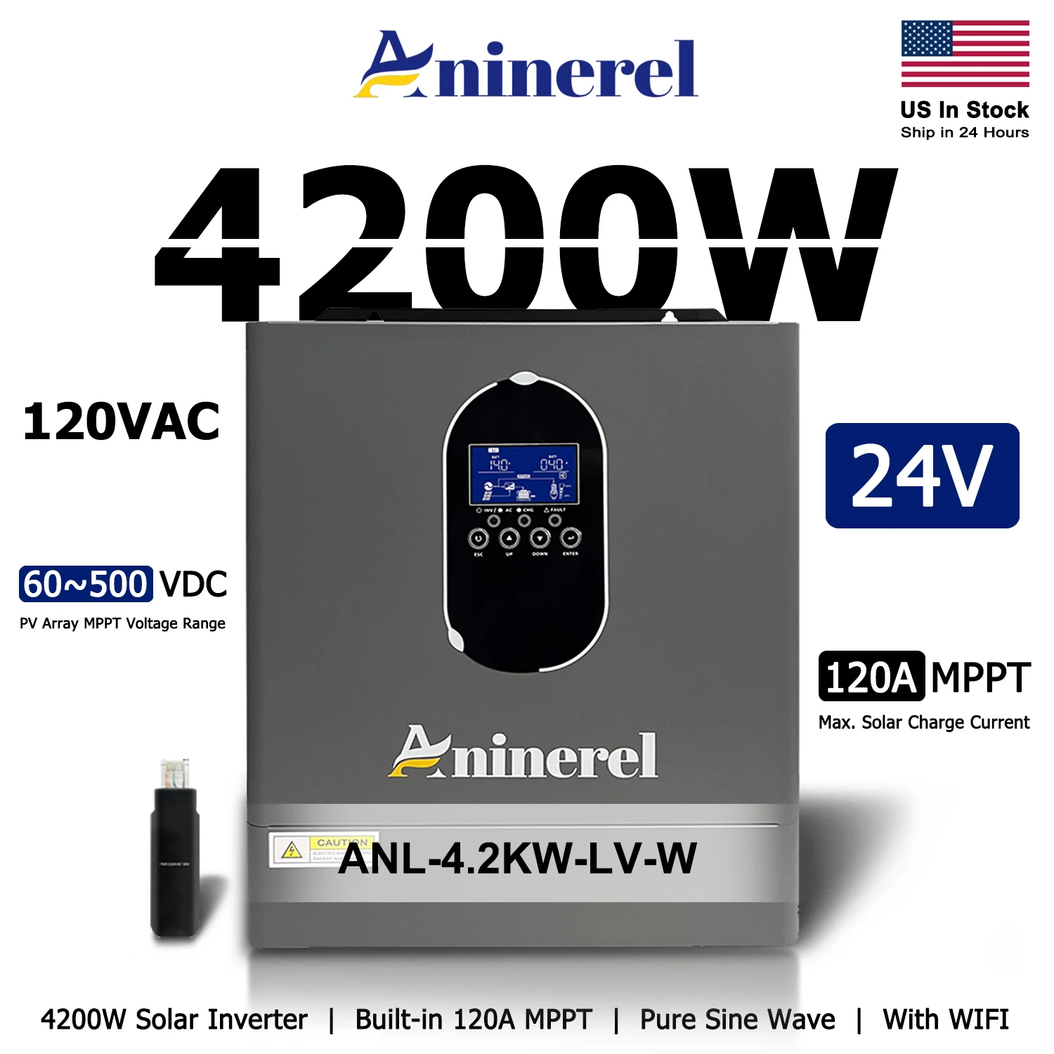 Aninerel US In Stock 120VAC 4200W 24V Solar Inverter Built-in 120A MPPT Off-Grid Pure Sine LCD Display Home Inverter PV60~500VDC