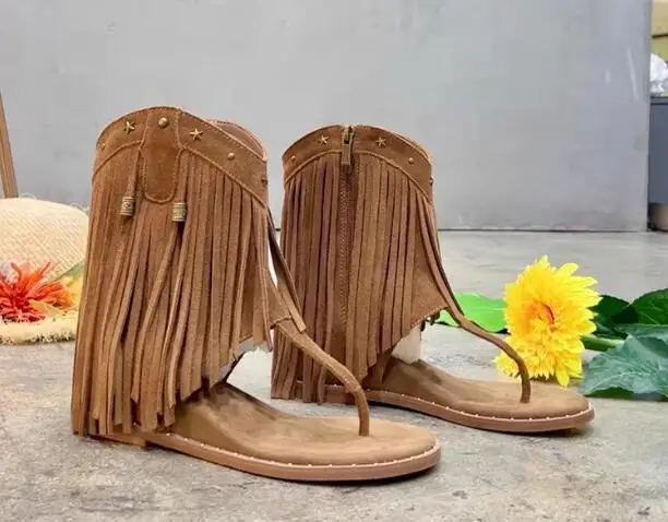 

Summer Girls Brown Black Apricot Suede Star Rivet Tassel Fringed Clip Toe Height Increasing Wedges Sandals Boots Beach Shoes