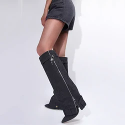 2025 Black Denim Women Knee High Boots Size 34-43 Shoes Trouser Boots Pointed Toe High Heel Cowboy Boots