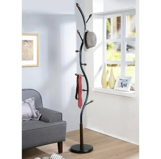 

Standing Coat Rack Sturdy Metal Stand Hat Hanger Tree Purse Organizer Walnut New