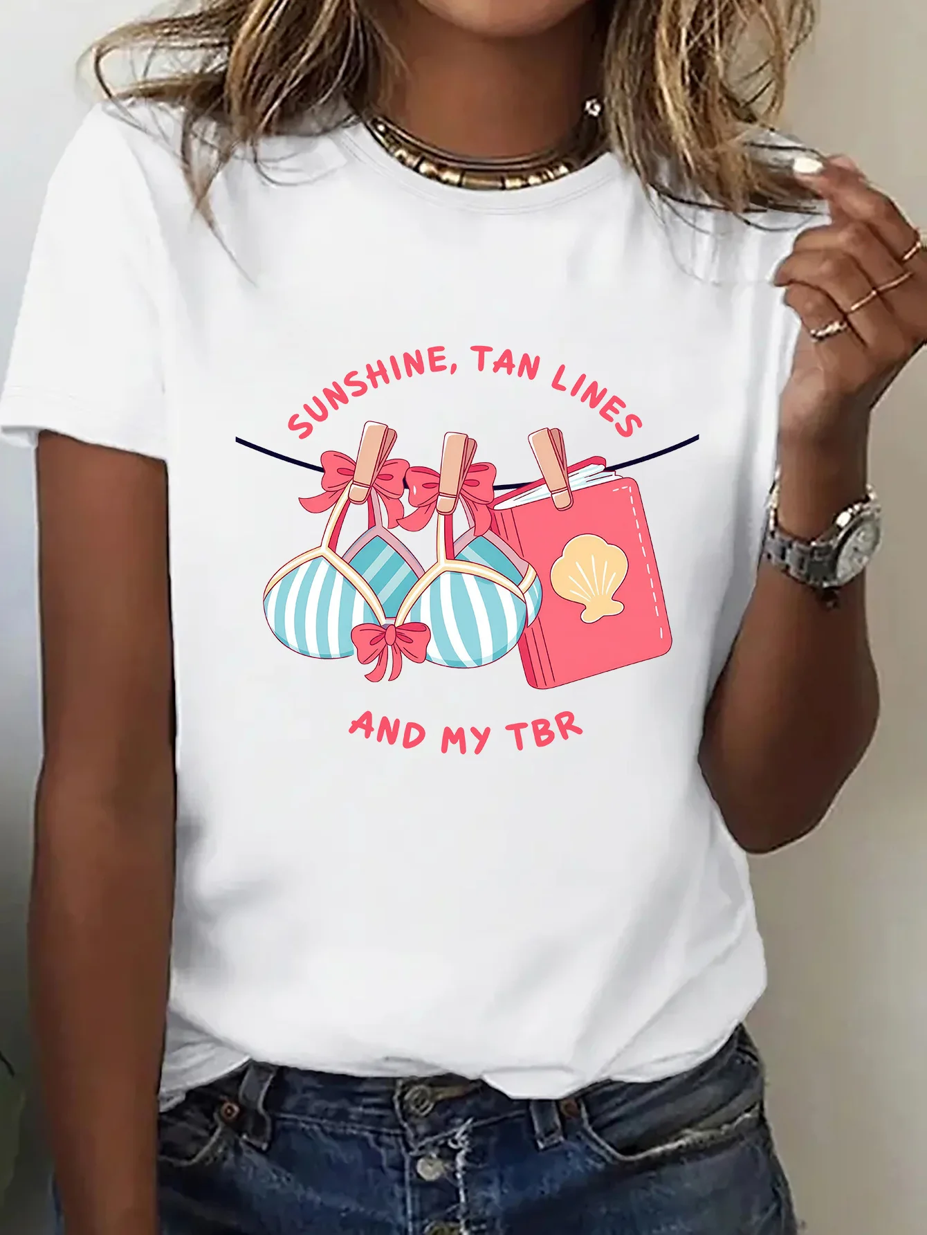 Sunshine Tan Lines And My Tbr Beach Book Graphic Womens T Shirt Short Sleeve Crew Neck Summer Slogan Casual Ladies Tee Tops