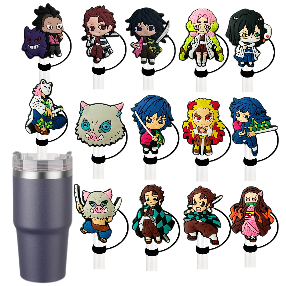 

1-14pcs New Japanese anime Straw Cover Cap 10MM Drink Straw Plug Reusable Splash Proof Drinking Fit Cup Straw Cap Charms Pendant