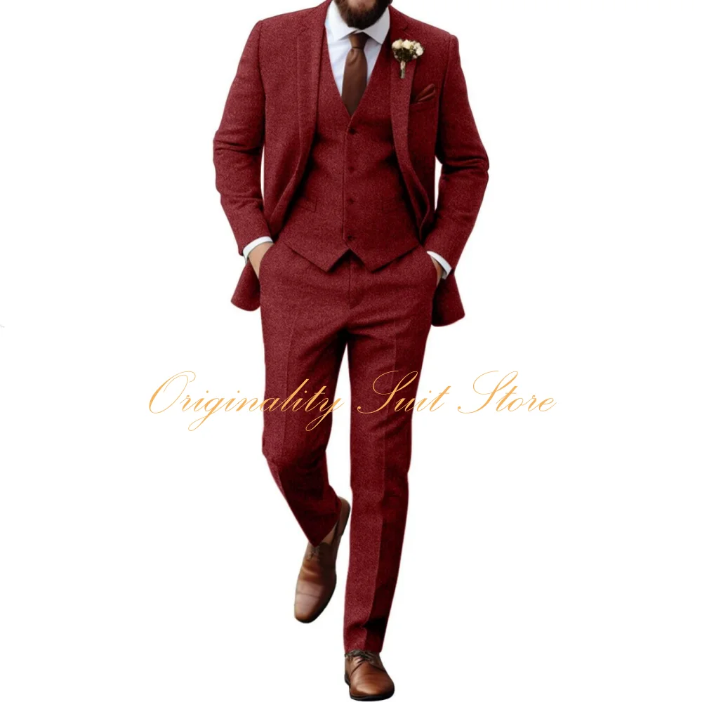 Setelan Jas Herringbone Tweed Retro untuk Pria, Slim Fit, Tuxedo Pengantin 3 Potong (Jaket, Rompi, Celana), Setelan Jas untuk Pernikahan/Pesta