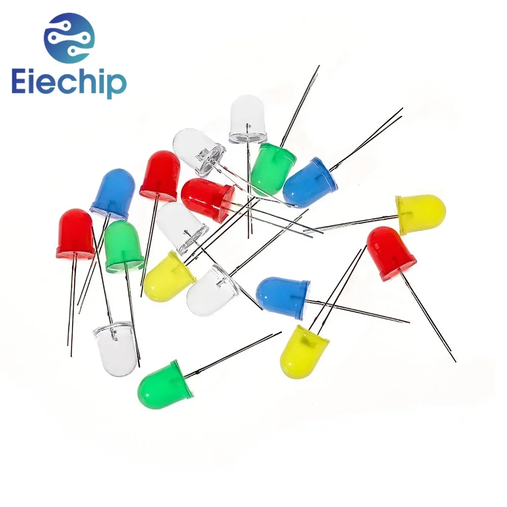 50pcs Multiple Colors Diodes Round LED 10mm LED Kit, LED Light Emitting Diode Assortment Set Pack, F10 White Red Yellow Blue