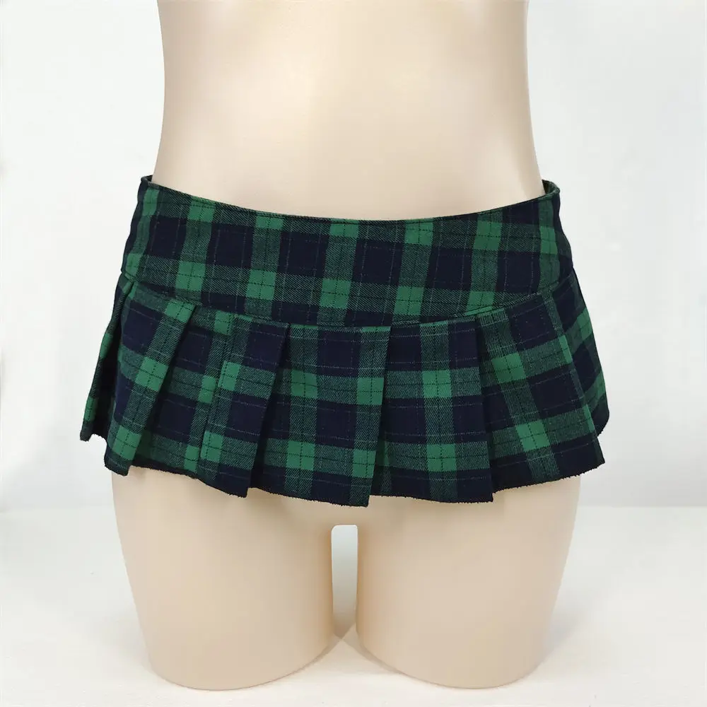 Pleated Plaid Micro Mini Skirt Women Schoolgirl Cosplay Lingerie Skirts Naughty Sexy Role Playing Costume Outfit with Bow Tie