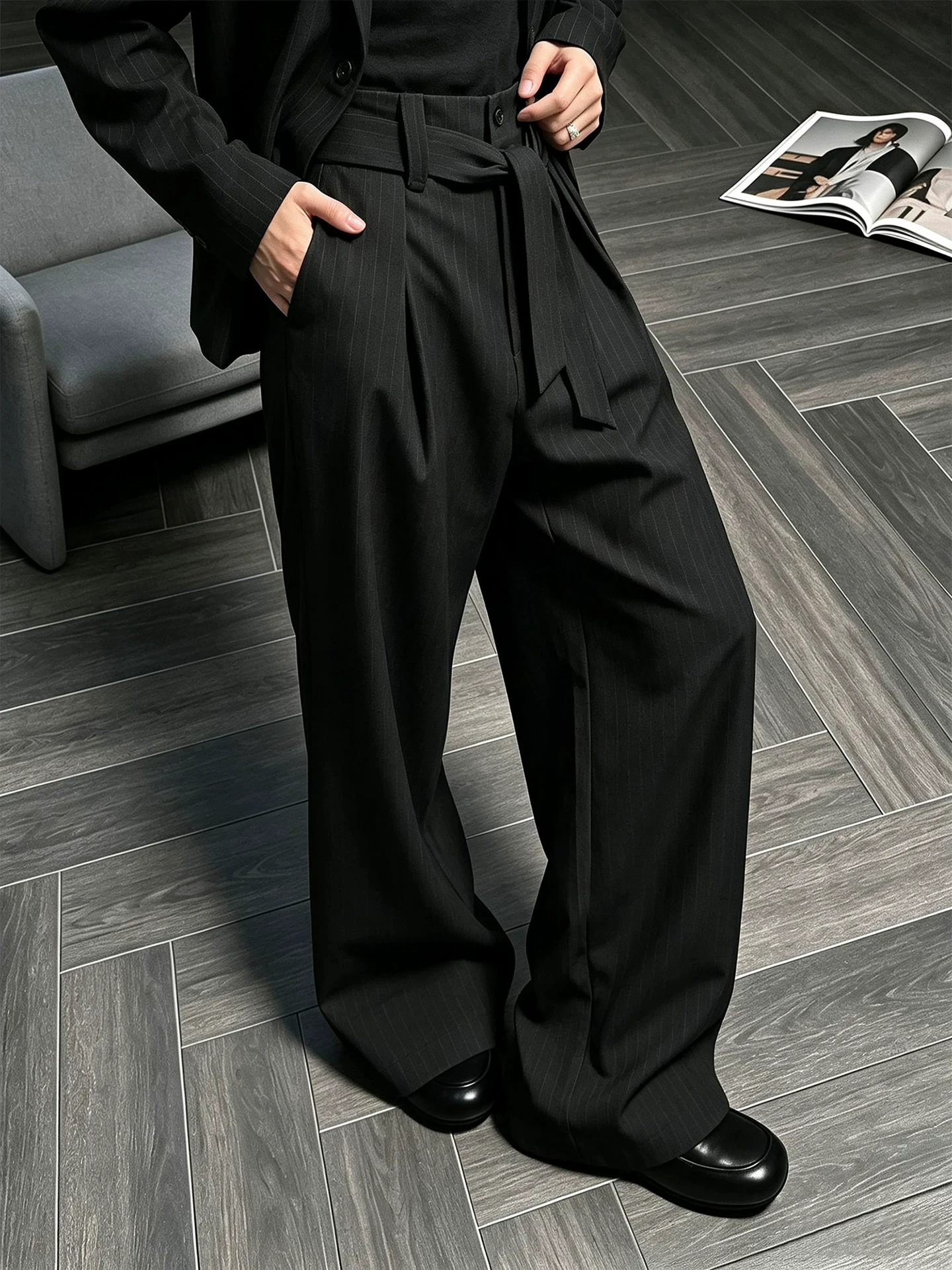 Men's Baggy Straight Leg Karate Pants Autumn Casual Loose Fit mid Waist Belted Mixed Fabric Knife  Dark Pattern American ...