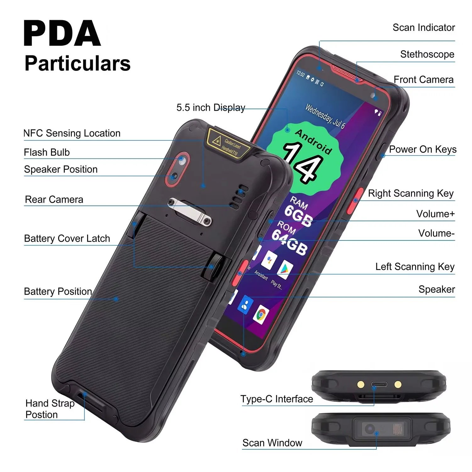 Handheld PDA with 1D 2D Barcode Scanner Android 14 POS Terminal NFC WiFi 4G Bluetooth GPS MTK6789 6G+64G Data Collector