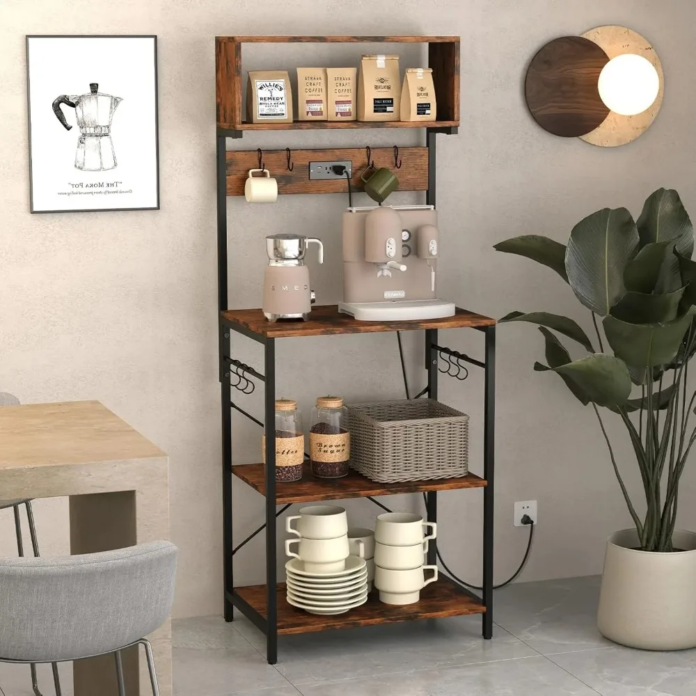 Baker’s Rack with Power Outlet, 5-Tier Microwave Stand with Open Shelves & 10 Hanging Hooks, 60” Tall Coffee Bar Station fo