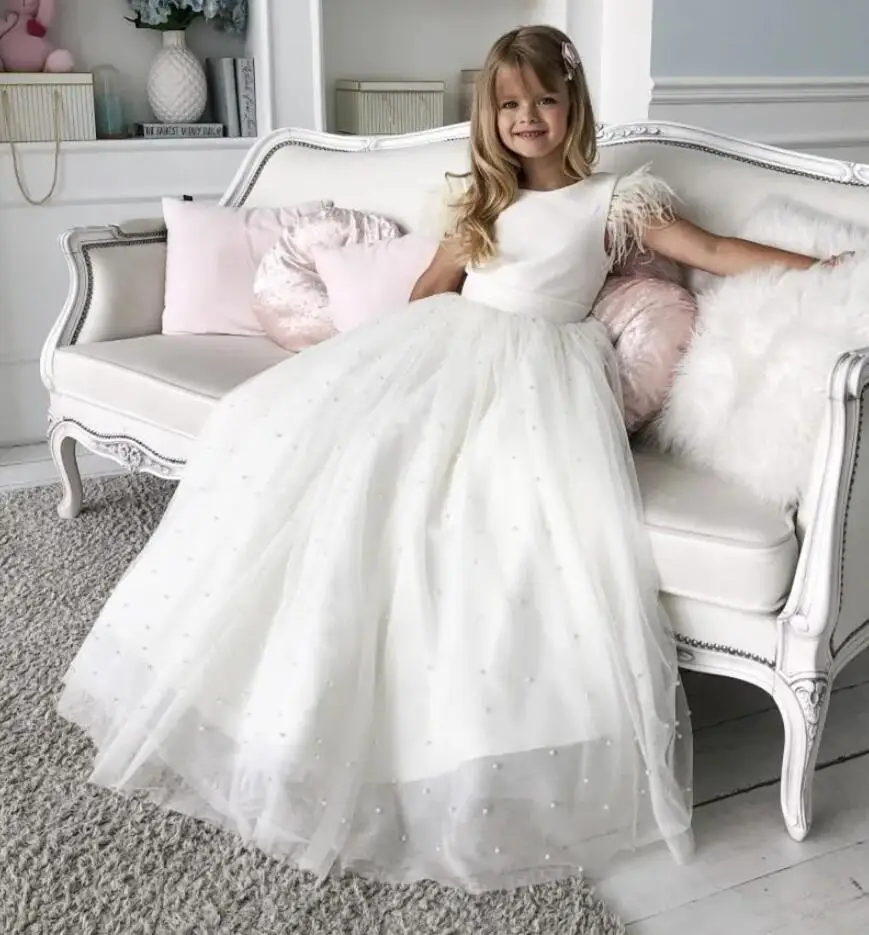 

White A-Line Flower Girls Dresses with Big bow Pearls Feather Girl Dress Birthday First Communion Party Dresses