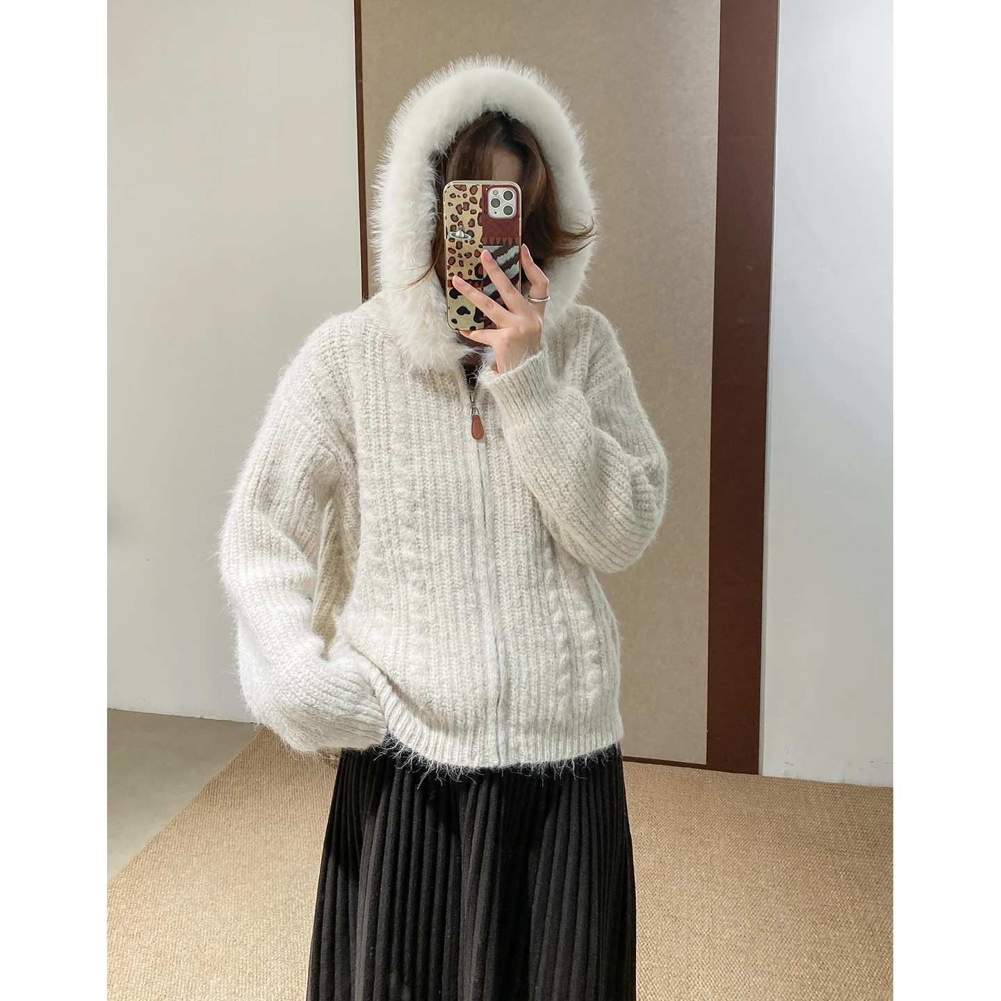 Abrigo suelto de manga larga con ribete de piel Phil Dan, capa base casual de algodón suave y grueso para otoño/invierno