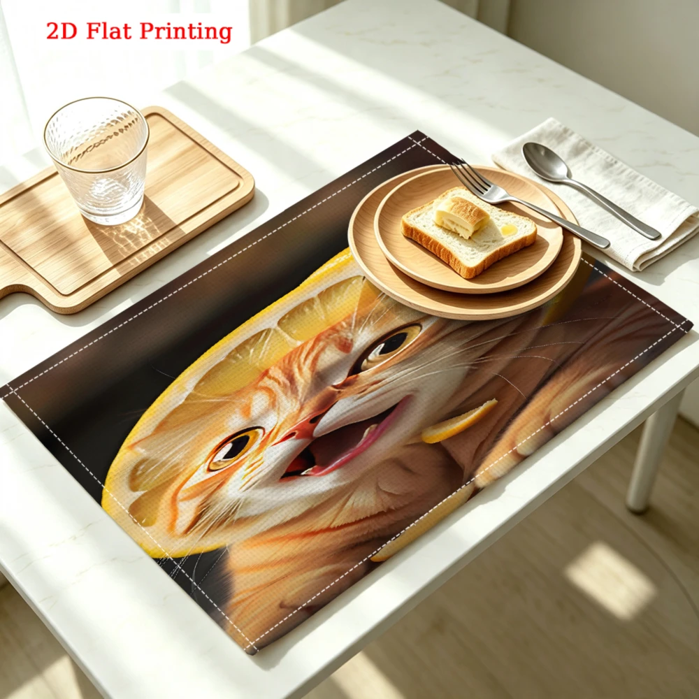 2Pcs Funny Cat With Lemon Slice Placemat Orange 2D Flat Printing Table Mat Kitchen Dining Decor Non Slip Heat Resistant 30X40Cm
