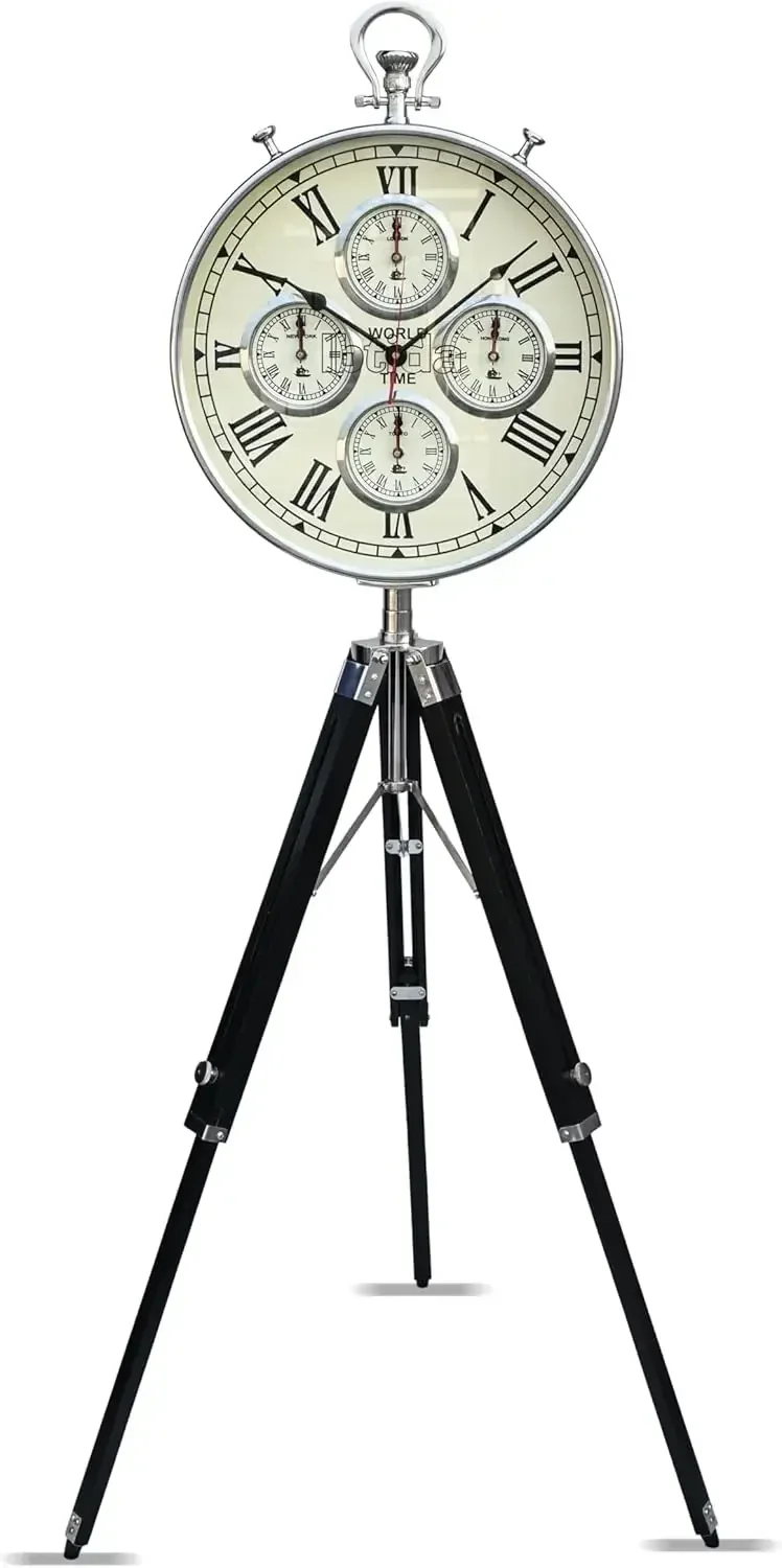 

Vintage Tripod Floor Standing World Time Clock – Roman Numerals | Classic Metal Design | Home & Office Decor