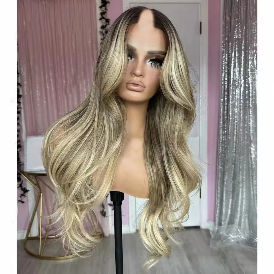 

Парик из натуральных волос с бежево-блондированным балаяжем, свободные волны, машинная работа, U-образная часть, для чернокожих женщин, без клея, средняя V-образная часть