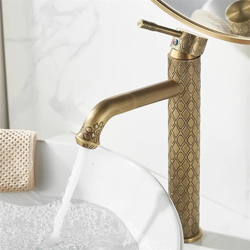 

Cold Bathroom Sink Faucet Deck Mounted Lavotory Faucet Mixer Water Tap Antique Carved Bathroom Faucet Brass Basin Faucets Hot