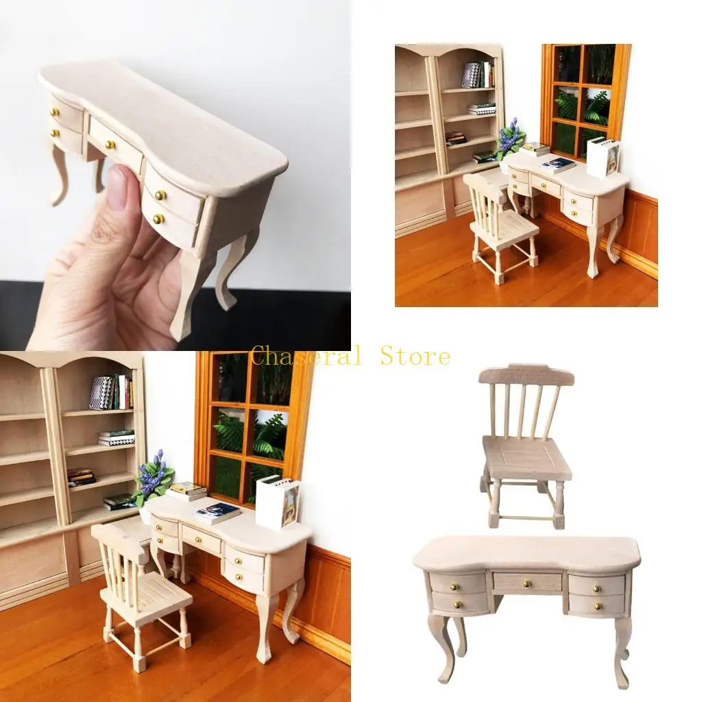 E7CE 2PCS 1/12 Scale Miniature Wooden Desk Chair Set Unpainted Dollhouses Furniture Model For DIY Room Decoration