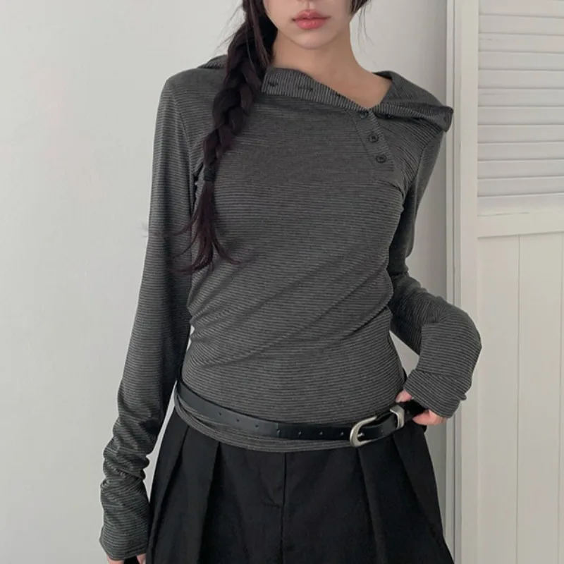Chic Autumnal Vintage Simple Design Sense Diagonal Buckle Hooded Slimming Stripe Long Sleeve T-Shirt Women's Top Casual Cotton
