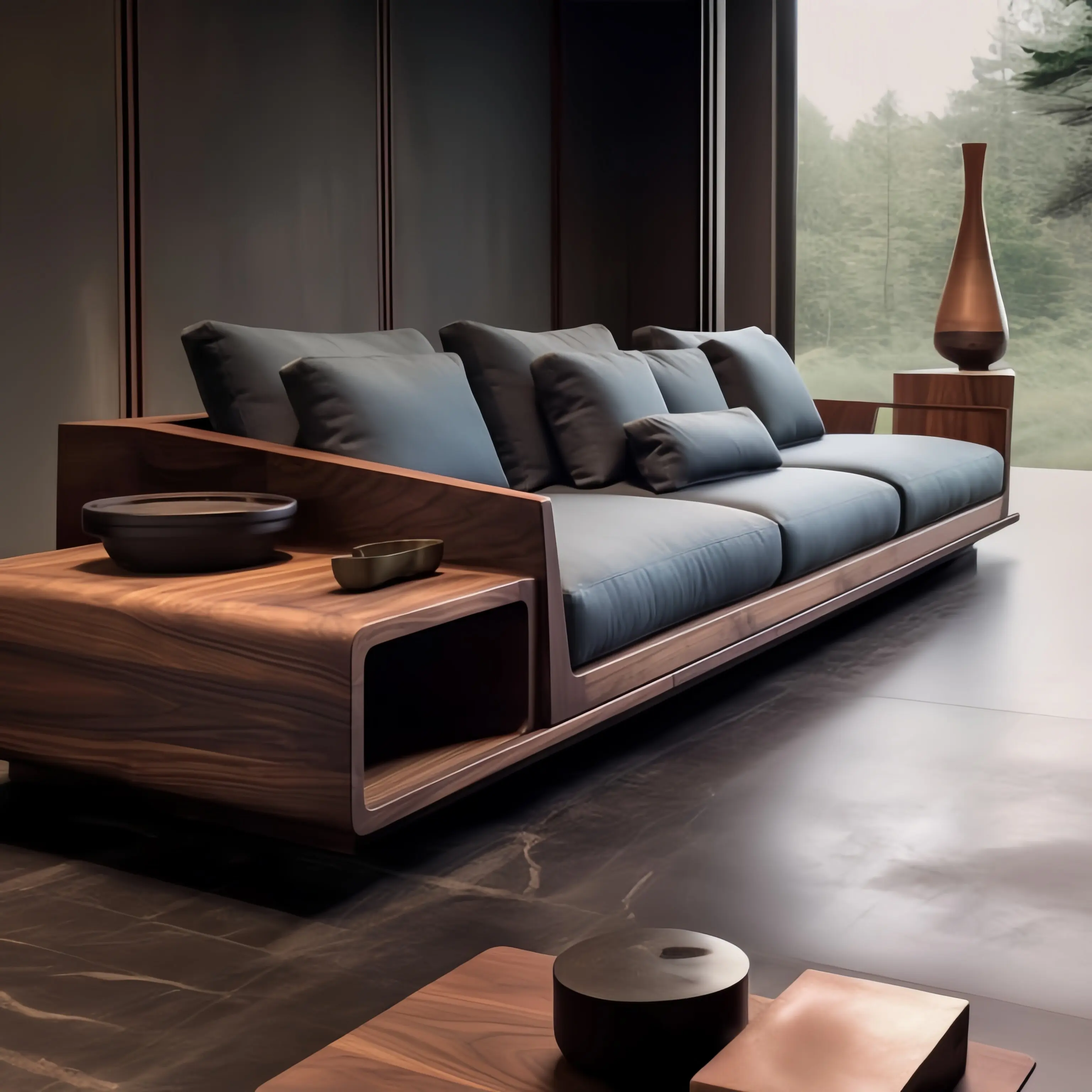 Mortise and tenon structure new Chinese solid wood black walnut inline storage sofa light luxury simple villa furniture