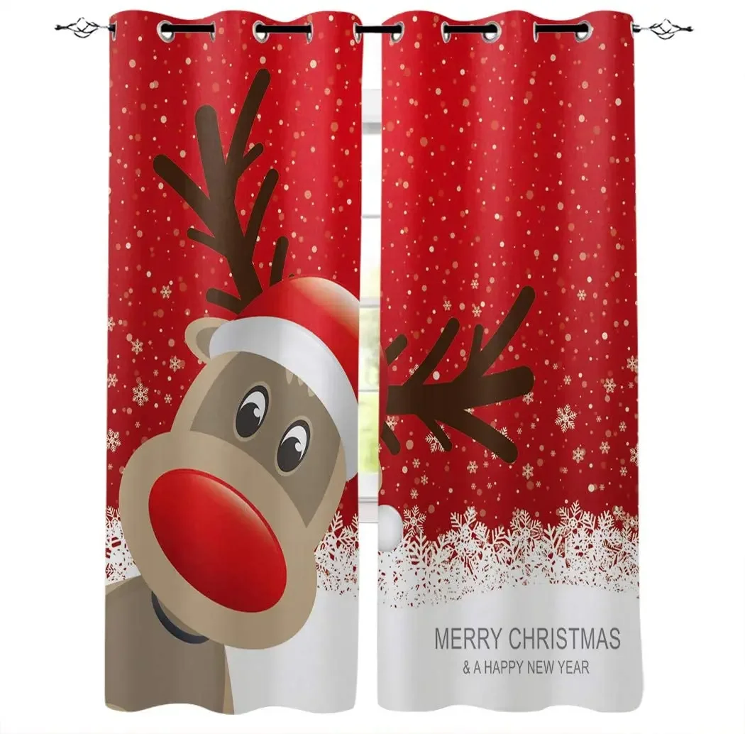 Christmas Reindeer Happy New Year  Blackout Curtains 3D Print Window Curtains for Bedroom Living Room Decor Window Treatments