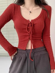 Sweet Fashion Knitted Sweater Women Spring Fall Long Sleeve Lace Up Crop Top Korean Style Elegant Slim Pullover Tops Y2k Clothes