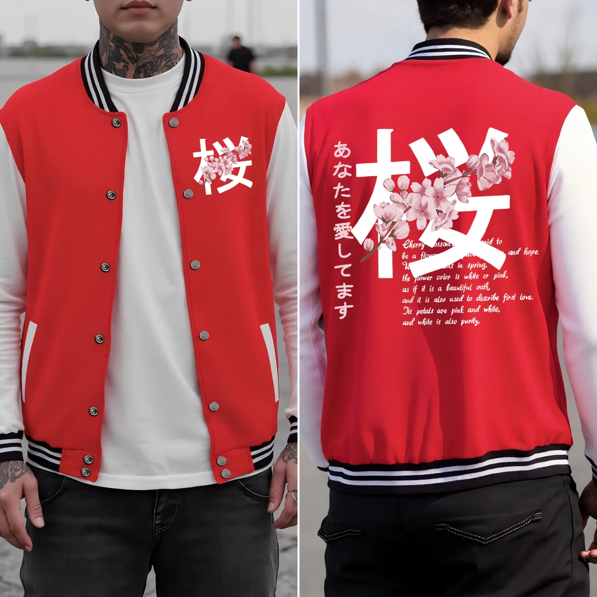

Japan Harajuku Cherry Blossom Art Letter Prints Men Jackets All-Match Loose Baseball Uniform Cotton Clothes Autumn Sportswear