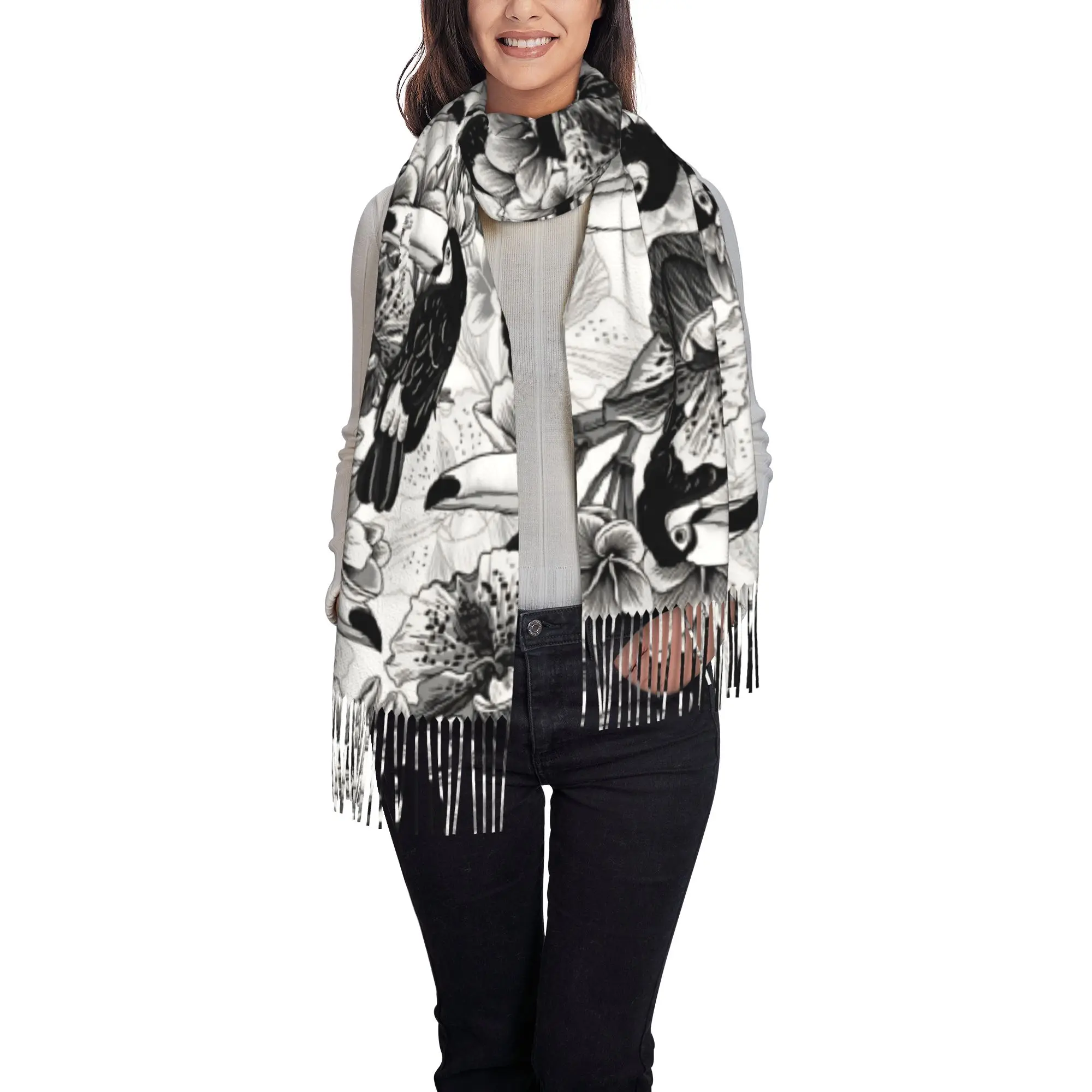 Custom Lady Large Monochrome Toucan Tropical Floral  Scarves Women Winter Soft Warm Tassel Shawl Wrap  Scarf