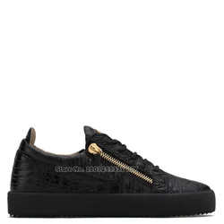 Gold Zipper Designer Lace Up Men Sneakers Casual Shoes Stone Grain Printed Pattern Comfortable Loafers Flat Shoe