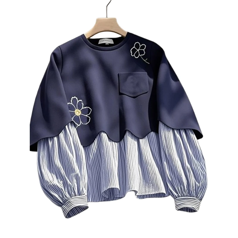 Floral Embroidered Cotton Sweatshirts Women Long Sleeve Casual Pullover Office Lady Casual Wear Tops Oversized