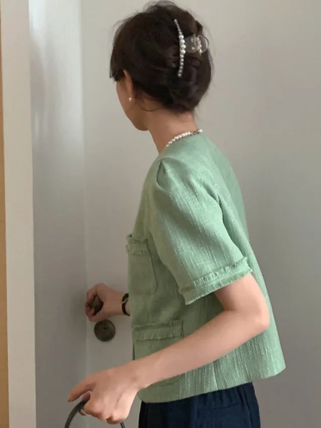 Chic été vintage petit parfum Sle bouton rond Multi ket effiloché ort Sve Jaet pour femme polyvalent mince Ma...