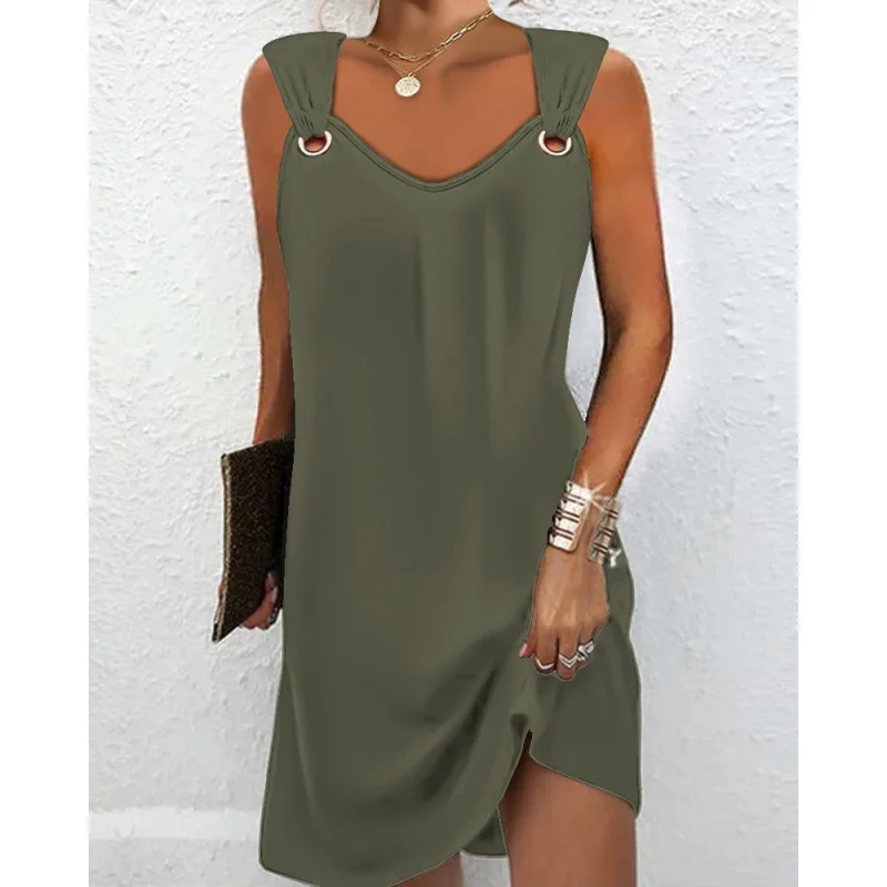 Vestido sin mangas con cuello de hebilla de Metal para mujer, moda Sexy minimalista, Color sólido, verano europeo y americano, 2023